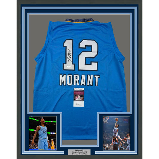 Framed Autographed Ja Morant 35x39 Memphis Light Blue Basketball Jersey JSA COA | Hall of Fame Sports Memorabilia | vintageantiquesgifts.com