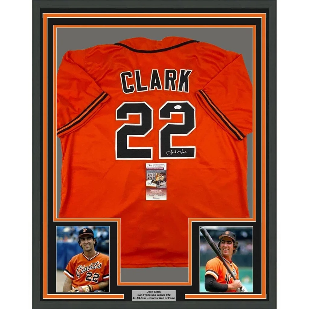 Framed signed orange San Francisco Giants #22 Jack Clark jersey JSA COA