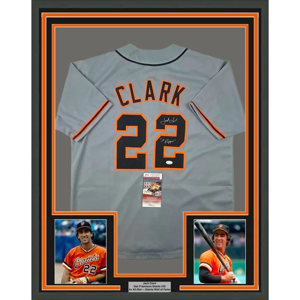 Framed autographed gray Jack Clark San Francisco jersey with name and number 22
