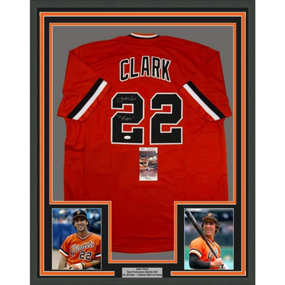 Framed san francisco giants orange baseball jersey autographed by jack clark with jsacoa certification displayed