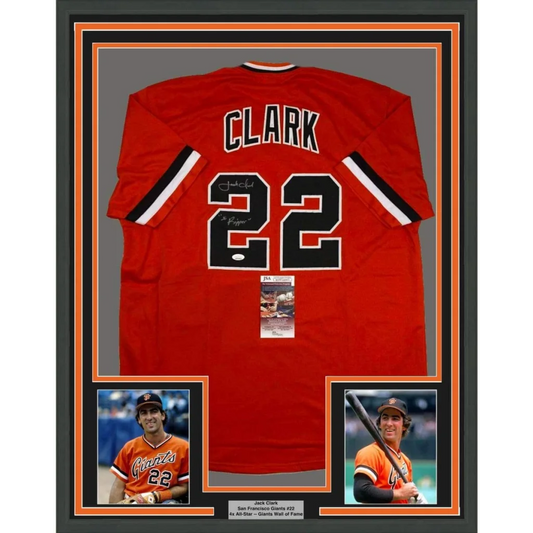 Framed san francisco giants orange baseball jersey autographed by jack clark with jsacoa certification displayed