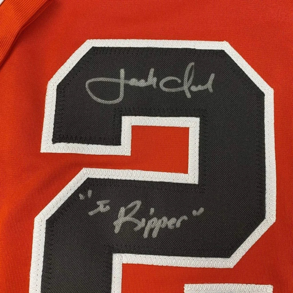 Framed autographed red san francisco baseball jersey with black number 2 white trim signed by jack clark the ripper