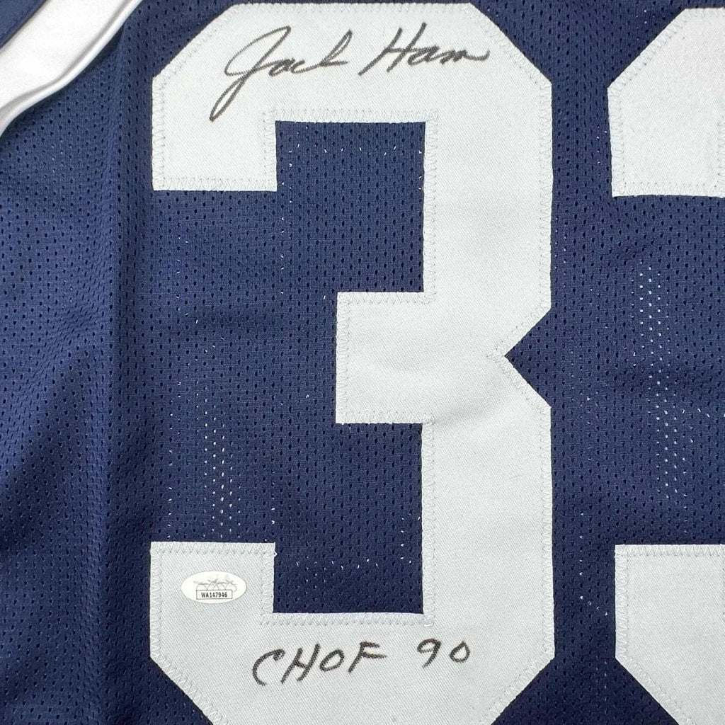 A navy blue mesh football jersey with white number 3 and autograph from Jack Ham, framed 35x39 with JSA COA
