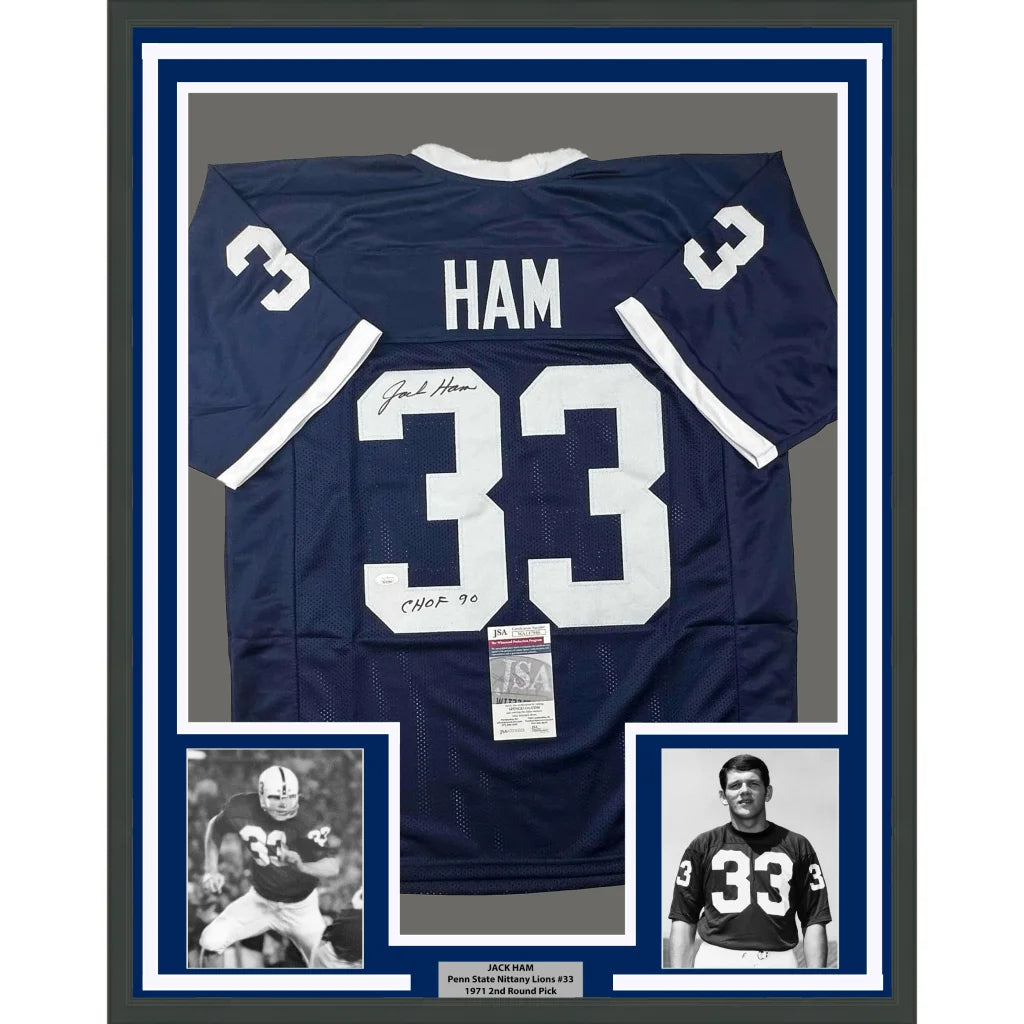 Back of a framed autographed navy blue penn state nittany lions football jersey with white 33 ham name and chof 90 sticker