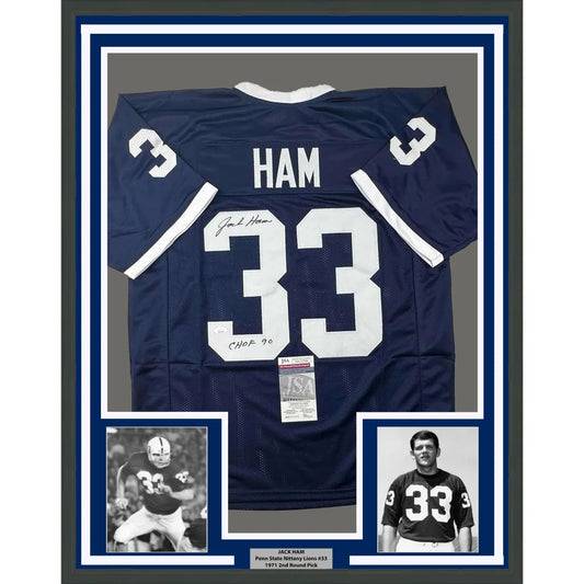 Back of a framed autographed navy blue penn state nittany lions football jersey with white 33 ham name and chof 90 sticker