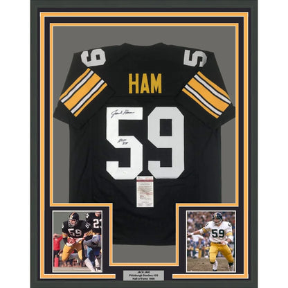 Framed Jack Ham Steelers jersey with autographs and action shots for sale
