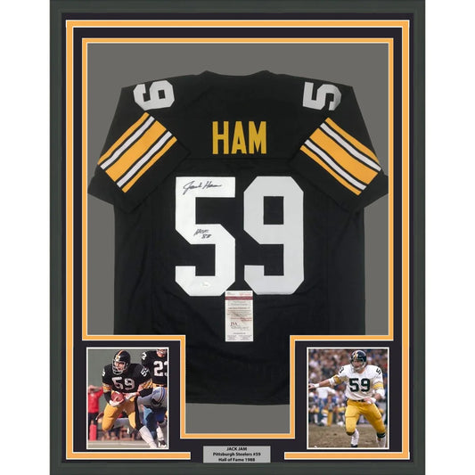 Framed Jack Ham Steelers jersey with autographs and action shots for sale