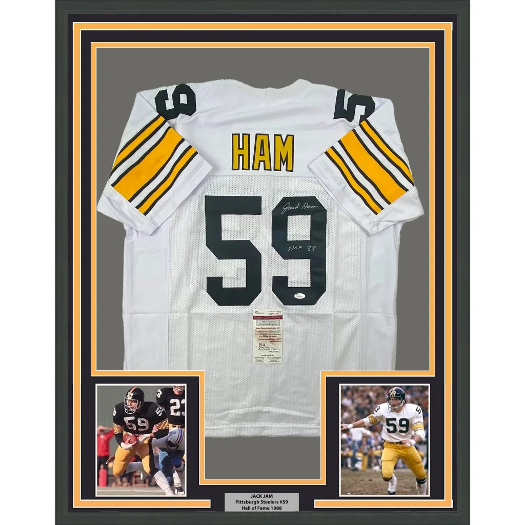 Framed Jack Ham autographed white football jersey with black gold stripes and action photos