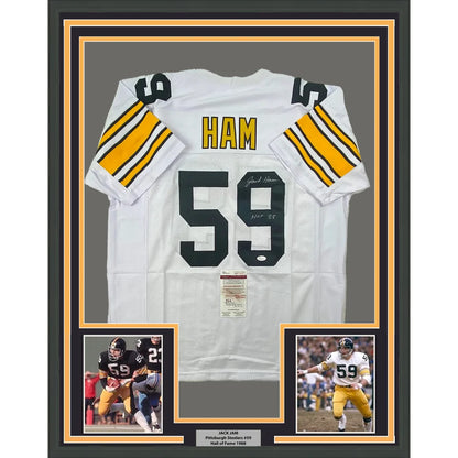 Framed Jack Ham autographed white football jersey with black gold stripes and action photos