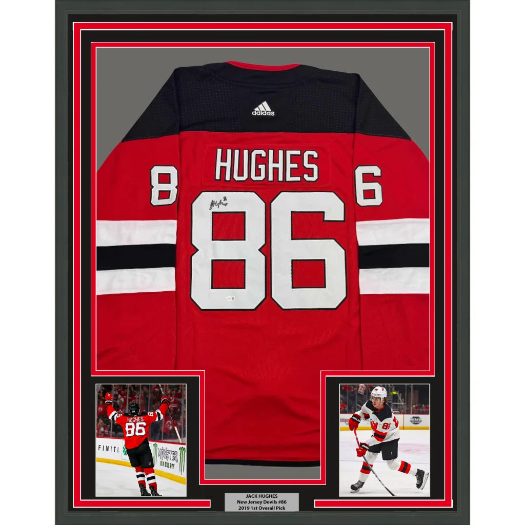 Framed autographed Jack Hughes New Jersey Devils jersey with player photos for fans