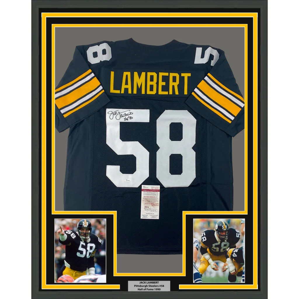 Framed autographed black Pittsburgh Steelers #58 Jack Lambert football jersey with yellow and white lettering and JSA COA