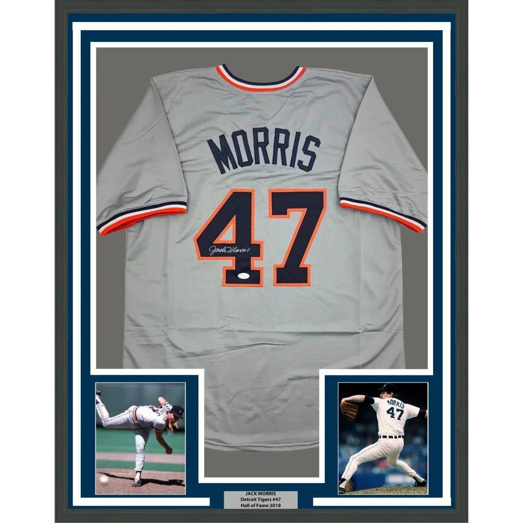 Framed Autographed Jack Morris 35x39 Detroit Grey Baseball Jersey JSA COA | Hall of Fame Sports Memorabilia | vintageantiquesgifts.com