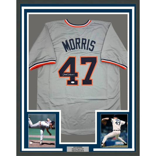Framed Autographed Jack Morris 35x39 Detroit Grey Baseball Jersey JSA COA | Hall of Fame Sports Memorabilia | vintageantiquesgifts.com