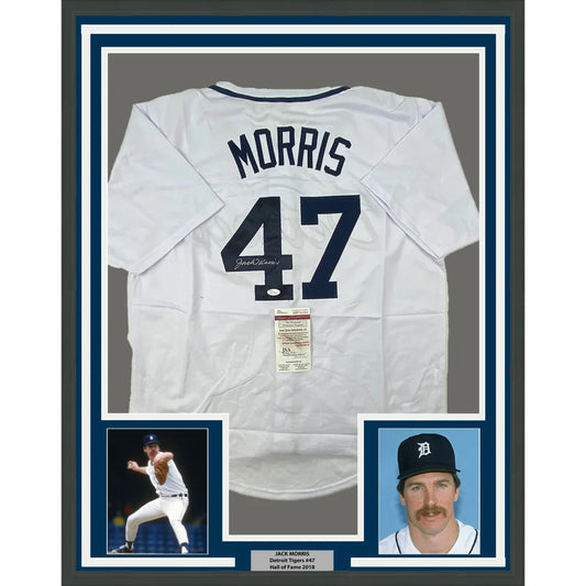 Framed Jack Morris signed white baseball jersey with Morris 47, photos, and plaque display