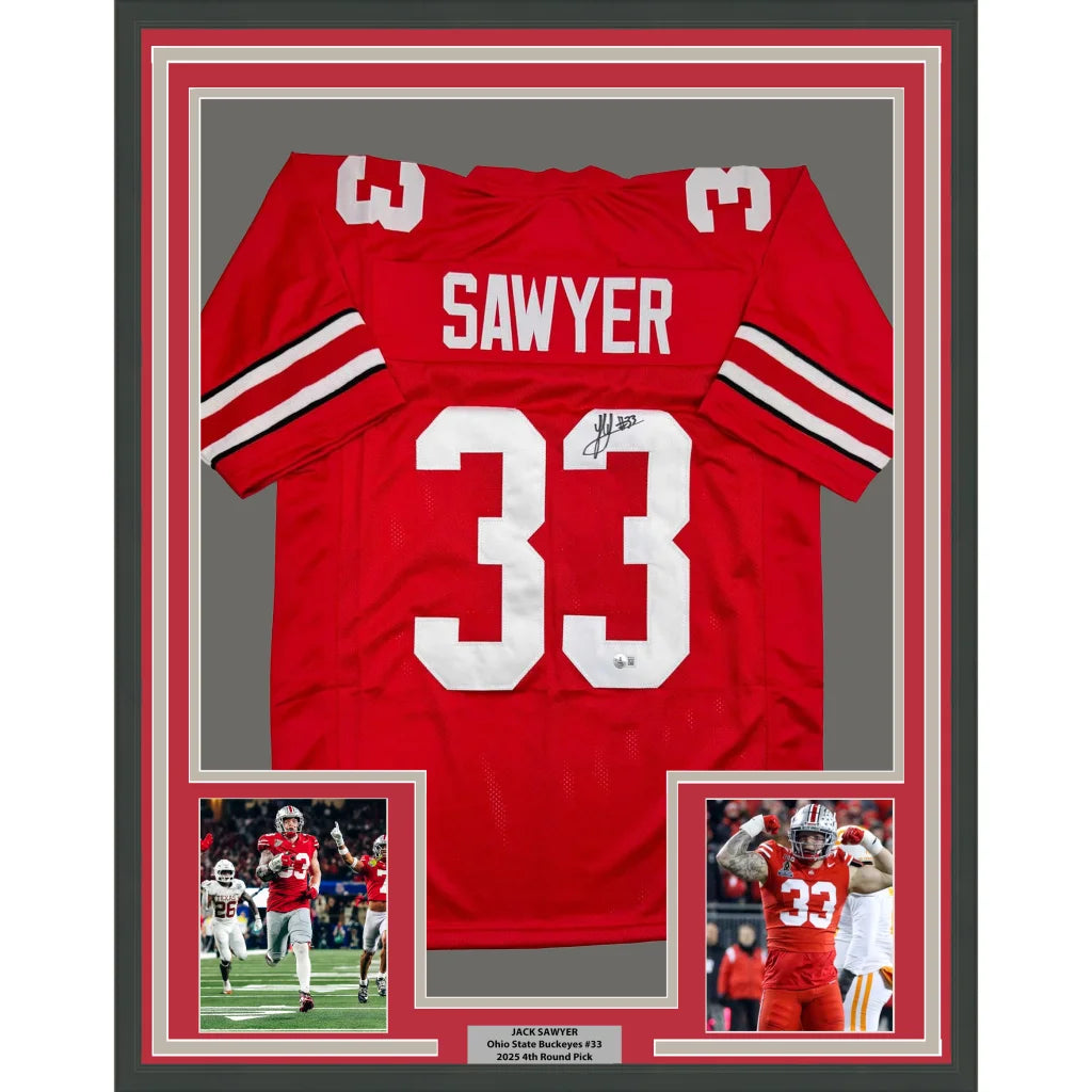 Framed Autographed Jack Sawyer 35x39 Ohio State Red College Football Jersey Beckett BAS COA | Hall of Fame Sports Memorabilia | vintageantiquesgifts.com