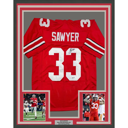 Framed Autographed Jack Sawyer 35x39 Ohio State Red College Football Jersey Beckett BAS COA | Hall of Fame Sports Memorabilia | vintageantiquesgifts.com