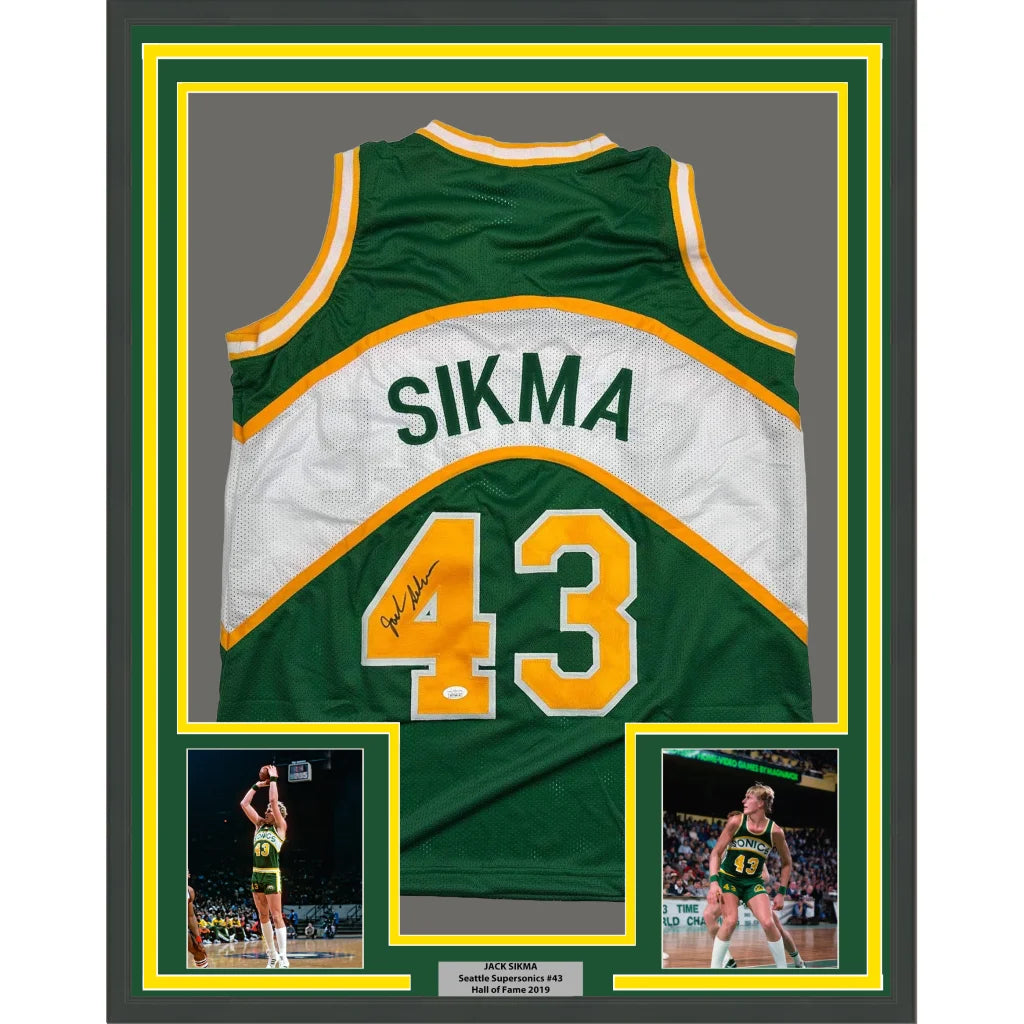 Framed Autographed Jack Sikma 35x39 Seattle Green Basketball Jersey JSA COA | Hall of Fame Sports Memorabilia | vintageantiquesgifts.com