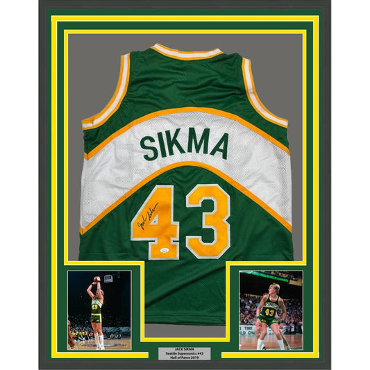 Framed Autographed Jack Sikma 35x39 Seattle Green Basketball Jersey JSA COA | Hall of Fame Sports Memorabilia | vintageantiquesgifts.com