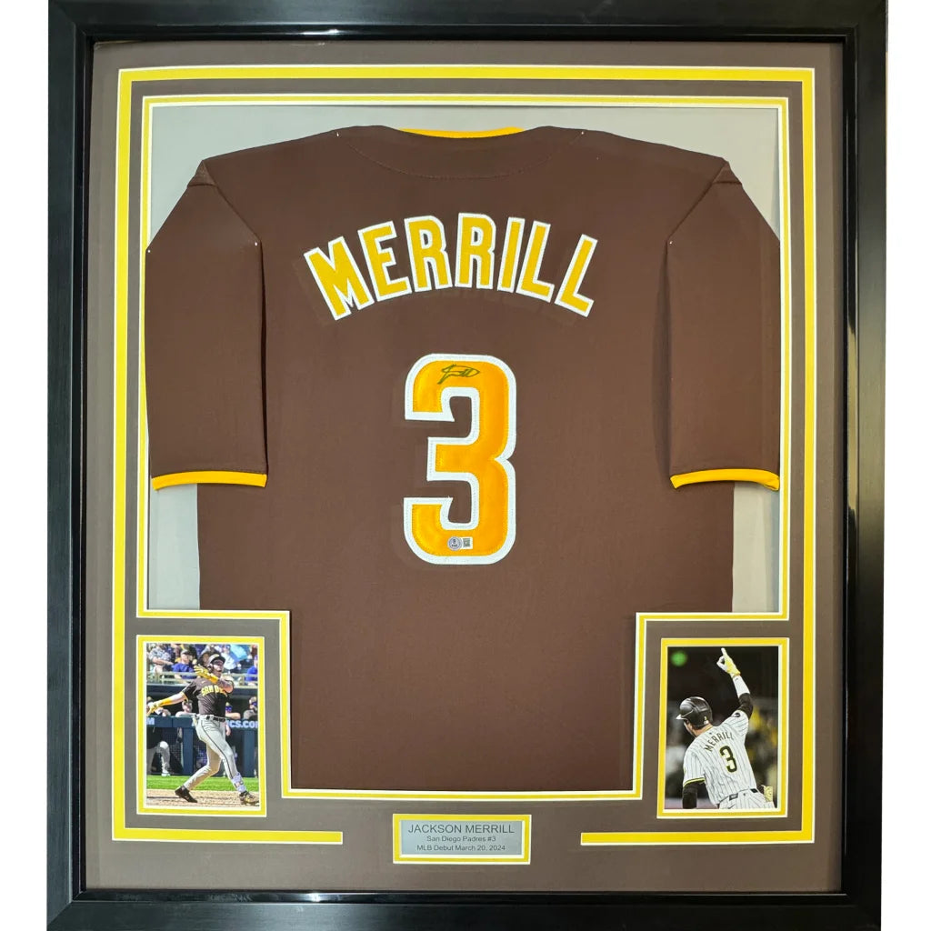 Framed Autographed Jackson Merrill 35x39 San Diego Brown Baseball Jersey Beckett BAS COA | Hall of Fame Sports Memorabilia | vintageantiquesgifts.com