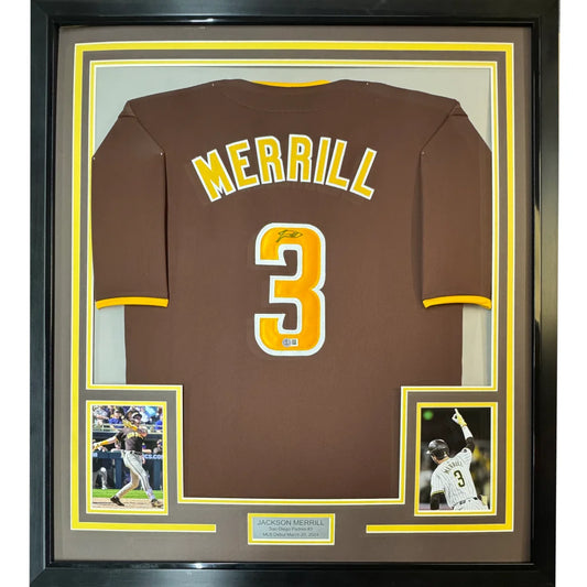 Framed Autographed Jackson Merrill 35x39 San Diego Brown Baseball Jersey Beckett BAS COA | Hall of Fame Sports Memorabilia | vintageantiquesgifts.com
