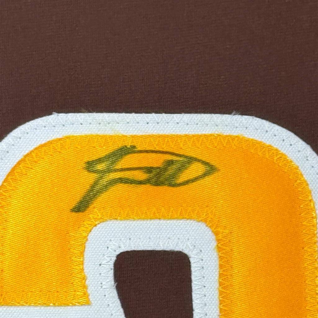 Framed Autographed Jackson Merrill 35x39 San Diego Brown Baseball Jersey Beckett BAS COA | Certified Authentic Signed Memorabilia | vintageantiquesgifts.com