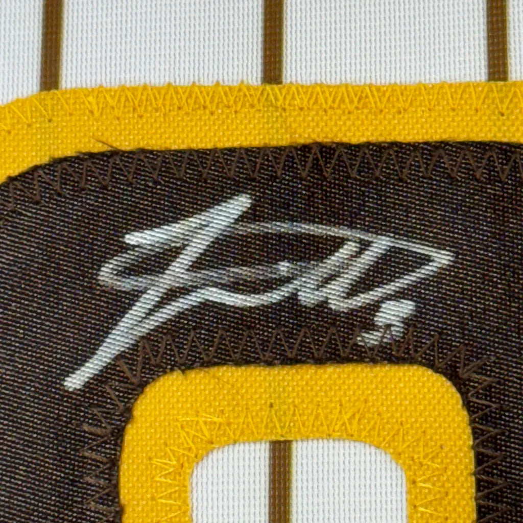 Framed autographed Jackson Merrill San Diego pinstripe jersey patch