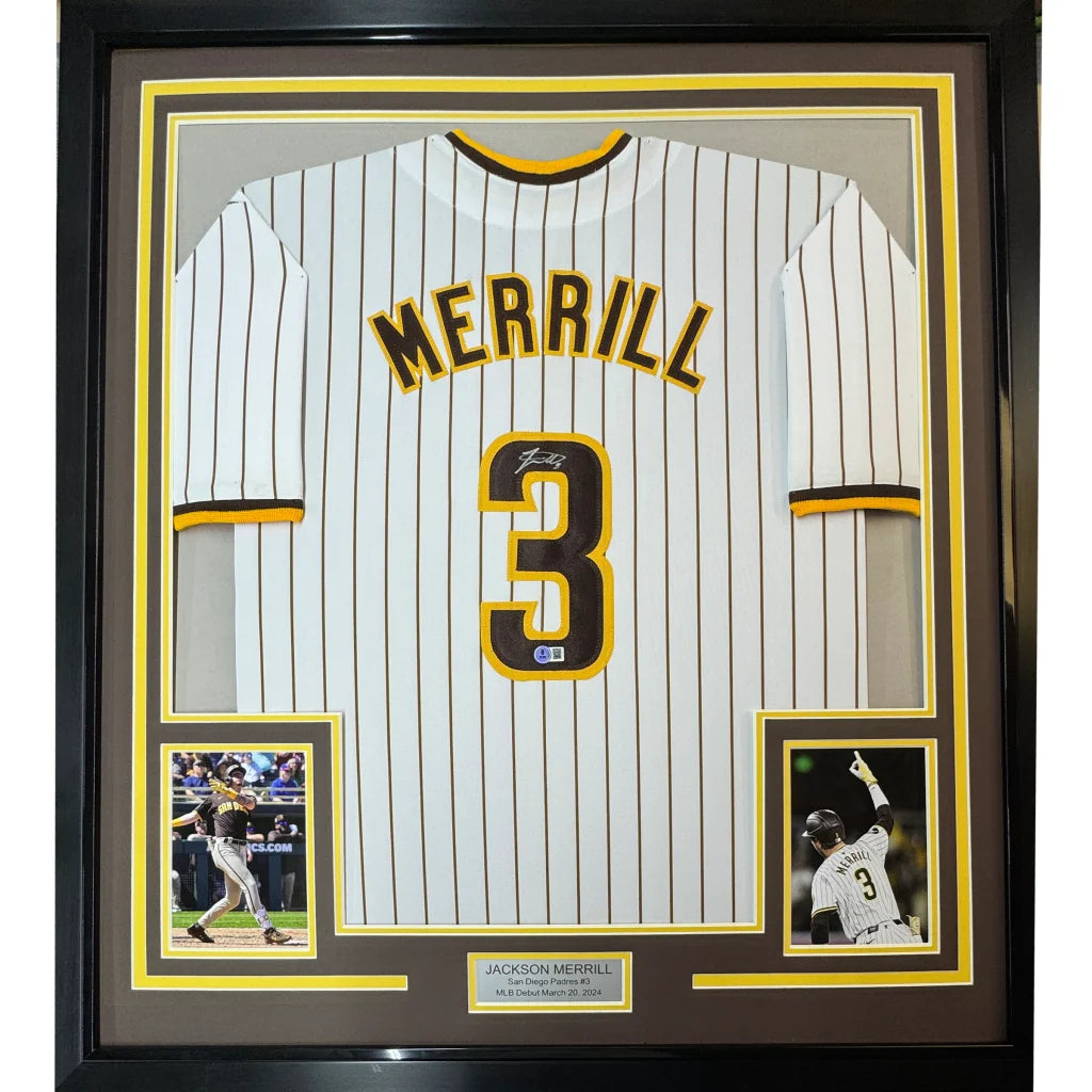 Framed autographed Jackson Merrill San Diego pinstripe jersey with name Merrill and number 3, Beckett BAS COA