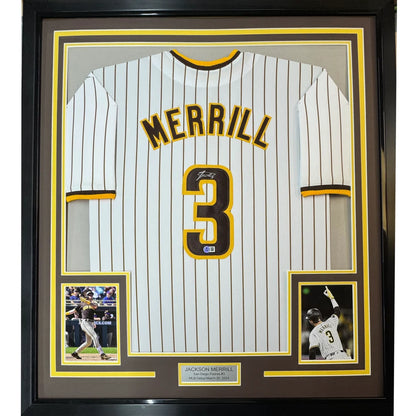 Framed autographed Jackson Merrill San Diego pinstripe jersey with name Merrill and number 3, Beckett BAS COA