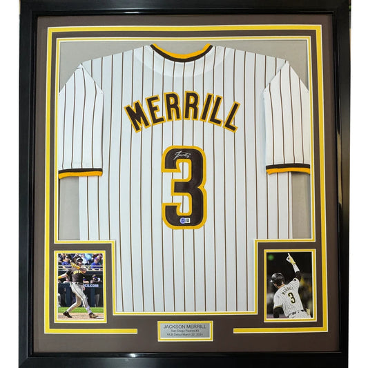 Framed Autographed Jackson Merrill 35x39 San Diego Pinstripe Baseball Jersey Beckett BAS COA | Hall of Fame Sports Memorabilia | vintageantiquesgifts.com