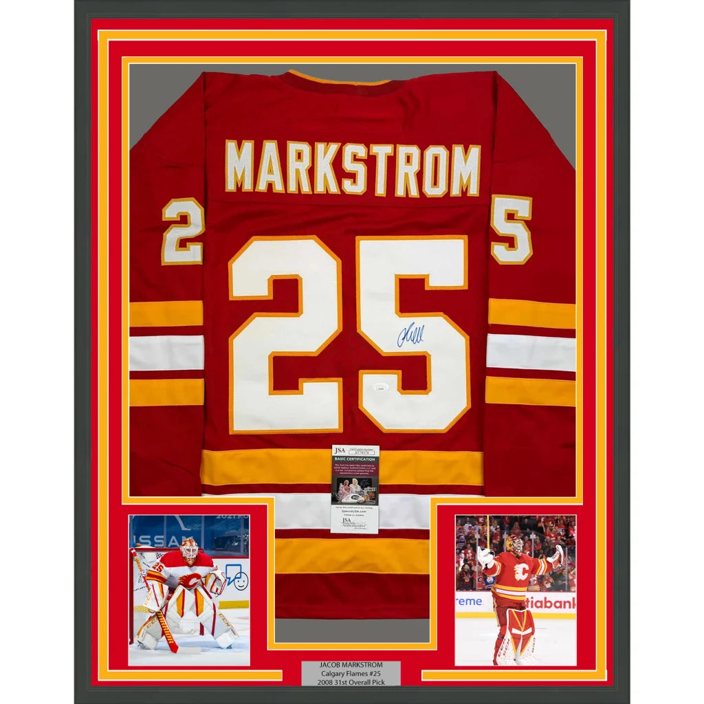 Autographed Calgary Flames hockey jersey with photos in a stylish frame