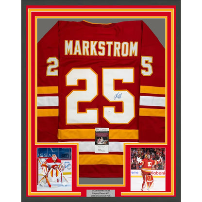 Autographed Calgary Flames hockey jersey with photos in a stylish frame
