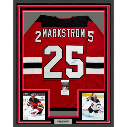 Professionally framed Jacob Markstrom red hockey jersey with autograph and player photos