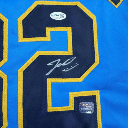 Framed autographed Jacob Misiorowski Milwaukee Brewers blue jersey back with blue-yellow embroidered number 2 JSA COA
