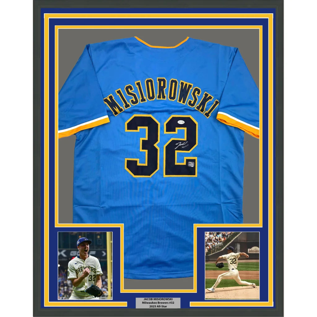 Framed autographed Milwaukee Brewers blue jersey #32 by Jacob Misiorowski JSA COA