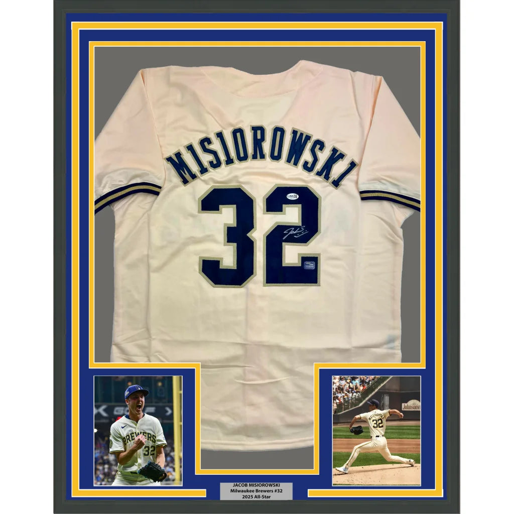 Framed Autographed Jacob Misiorowski 35x39 Milwaukee Cream Baseball Jersey JSA COA | Hall of Fame Sports Memorabilia | vintageantiquesgifts.com
