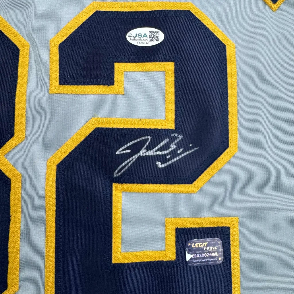 Framed Autographed Jacob Misiorowski 35x39 Milwaukee Grey Baseball Jersey JSA COA | Certified Authentic Signed Memorabilia | vintageantiquesgifts.com