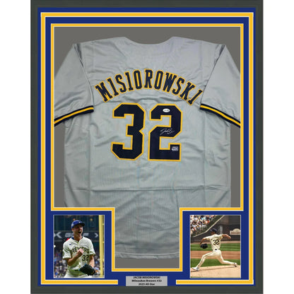 Framed Autographed Jacob Misiorowski 35x39 Milwaukee Grey Baseball Jersey JSA COA | Hall of Fame Sports Memorabilia | vintageantiquesgifts.com