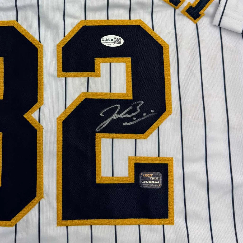 Framed Autographed Jacob Misiorowski 35x39 Milwaukee Pinstripe Baseball Jersey JSA COA | Certified Authentic Signed Memorabilia | vintageantiquesgifts.com