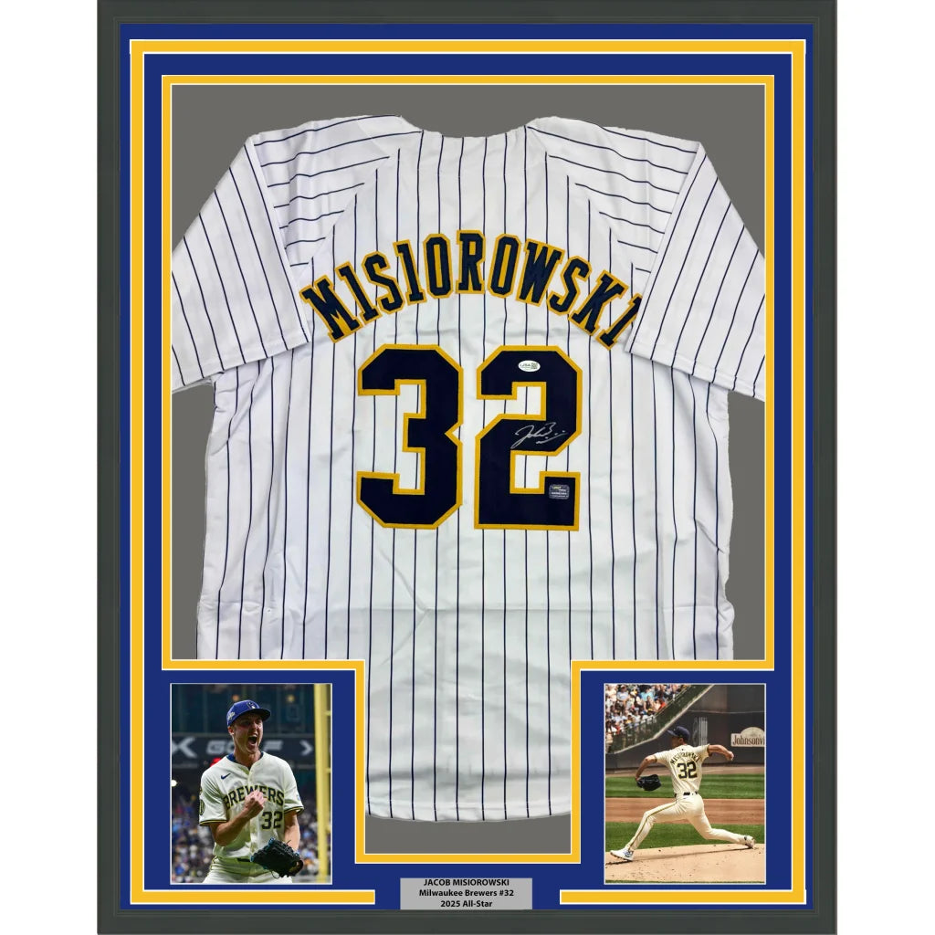 Framed Autographed Jacob Misiorowski 35x39 Milwaukee Pinstripe Baseball Jersey JSA COA | Hall of Fame Sports Memorabilia | vintageantiquesgifts.com