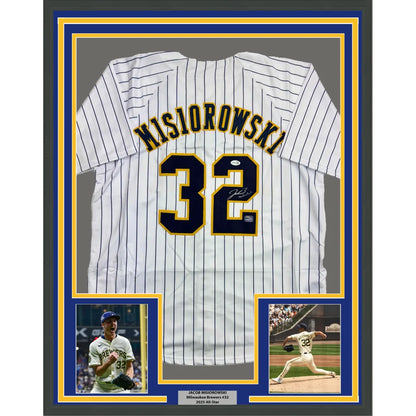 Framed Autographed Jacob Misiorowski 35x39 Milwaukee Pinstripe Baseball Jersey JSA COA | Hall of Fame Sports Memorabilia | vintageantiquesgifts.com