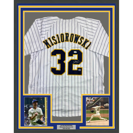 Framed Autographed Jacob Misiorowski 35x39 Milwaukee Pinstripe Baseball Jersey JSA COA | Hall of Fame Sports Memorabilia | vintageantiquesgifts.com