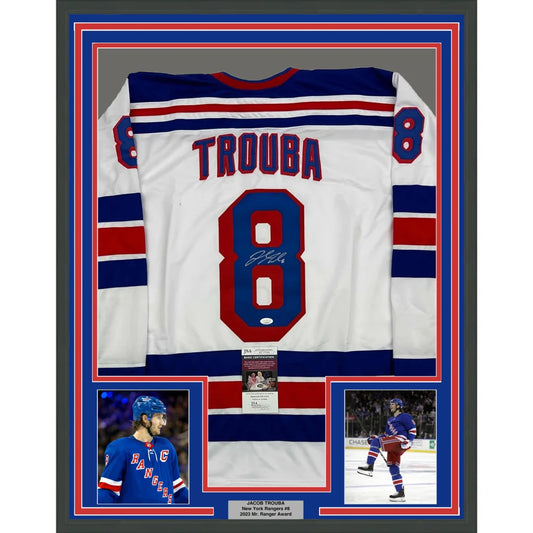 Framed Jacob Trouba Signed Rangers Jersey with Player Photos and Plaque