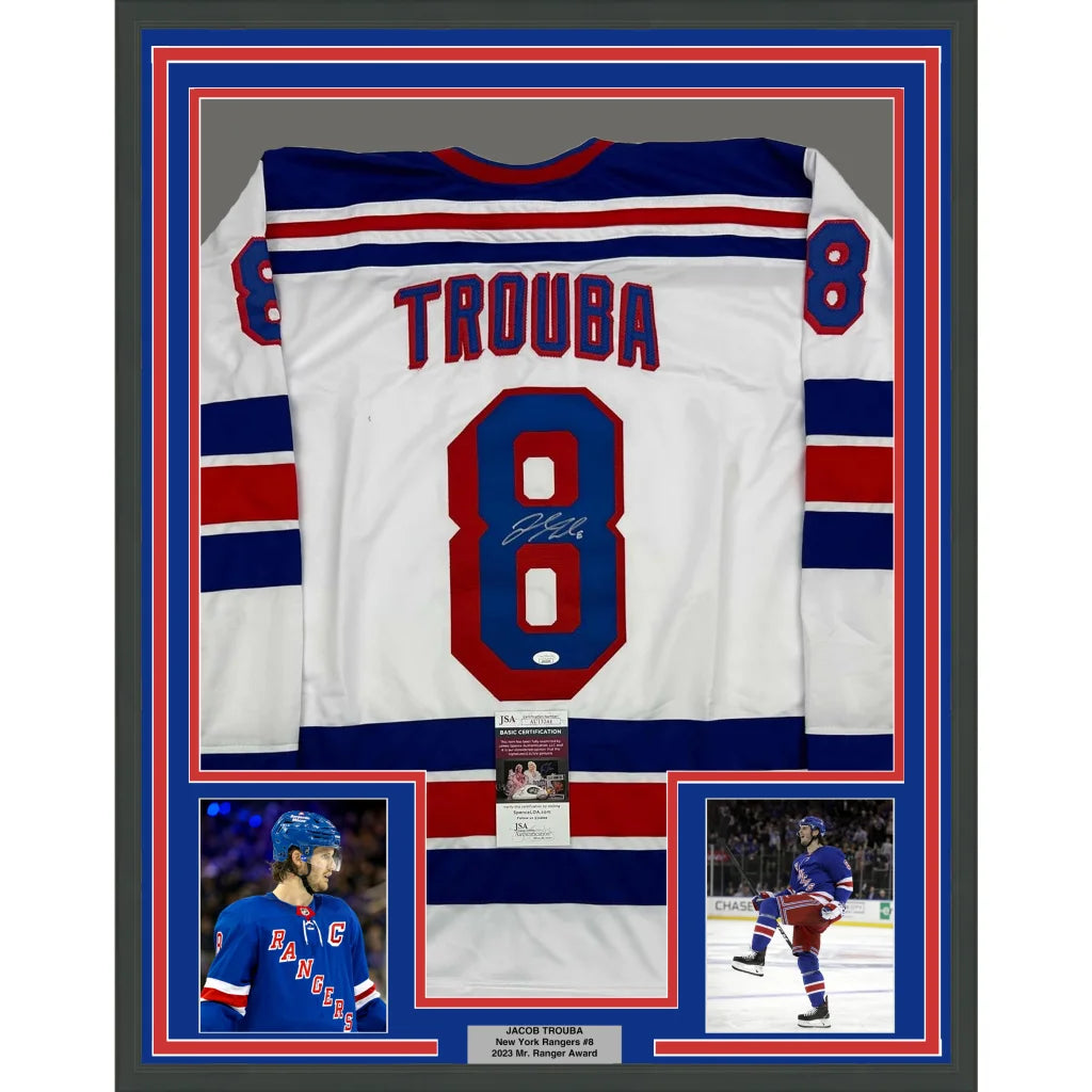 Framed Autographed Jacob Trouba 35x39 New York White Hockey Jersey JSA COA | Hall of Fame Sports Memorabilia | vintageantiquesgifts.com