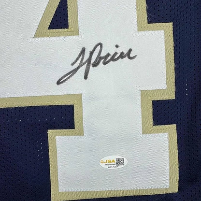 Framed autographed JaDarian Price Notre Dame blue football jersey number 4 JSA COA