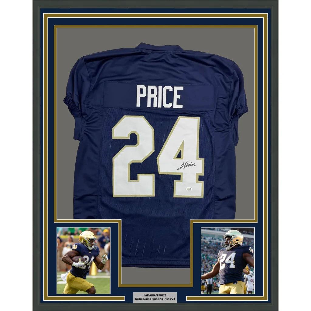 Framed signed JaDarian Price Notre Dame blue jersey back with Price 24 JSA COA