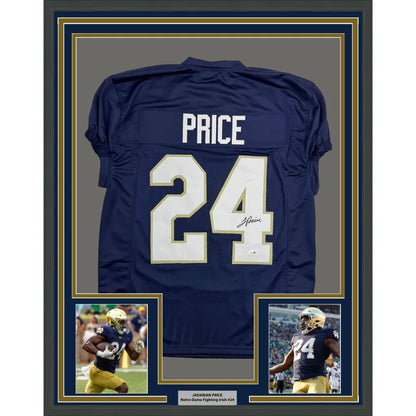Framed signed JaDarian Price Notre Dame blue jersey back with Price 24 JSA COA