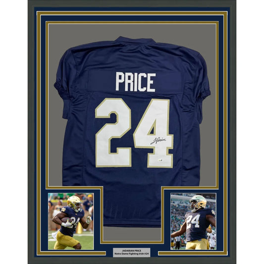 Framed Autographed JaDarian Price 35x39 Notre Dame Blue College Football Jersey JSA COA | Hall of Fame Sports Memorabilia | vintageantiquesgifts.com