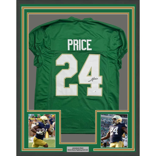 Framed Autographed JaDarian Price 35x39 Notre Dame Green College Football Jersey JSA COA | Hall of Fame Sports Memorabilia | vintageantiquesgifts.com