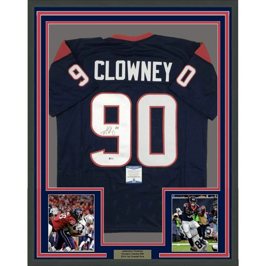 Autographed Clowney 90 dark blue jersey with action photos and frame ready to ship