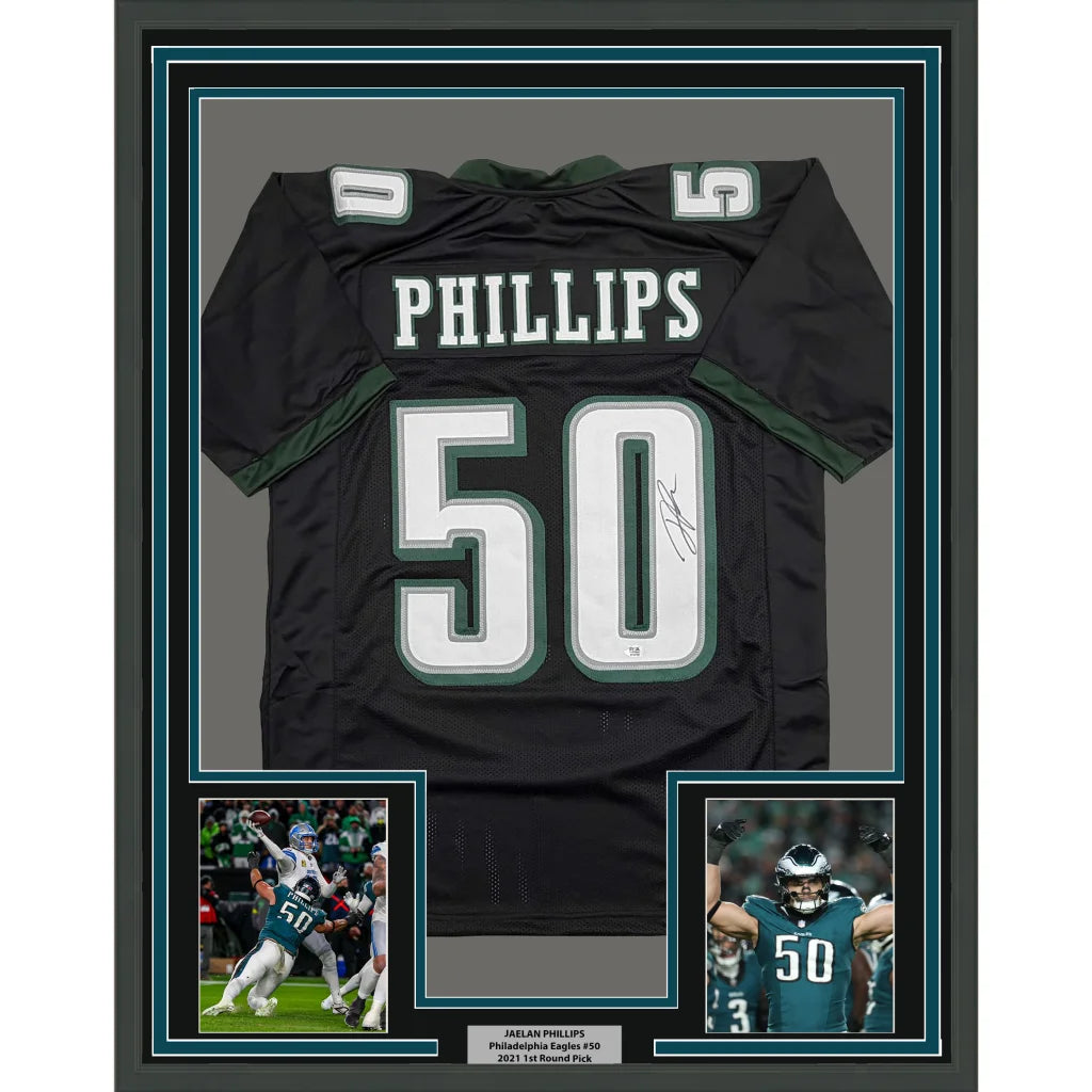 Framed Autographed Jaelan Phillips 35x39 Philadelphia Black Football Jersey PSA/DNA COA | Hall of Fame Sports Memorabilia | vintageantiquesgifts.com